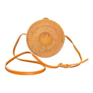 Handwoven Rattan Round Crossbody Bag Blue Floral Lining Tan Leather Strap LL